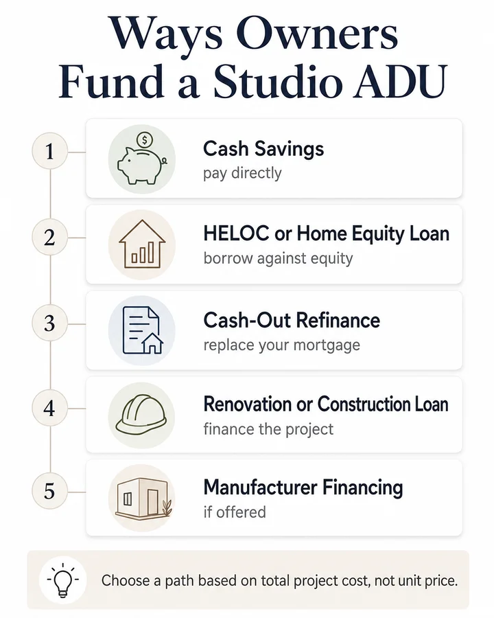 Studio prefab ADU financing paths: cash, HELOC, cash-out refi, construction loan, manufacturer financing