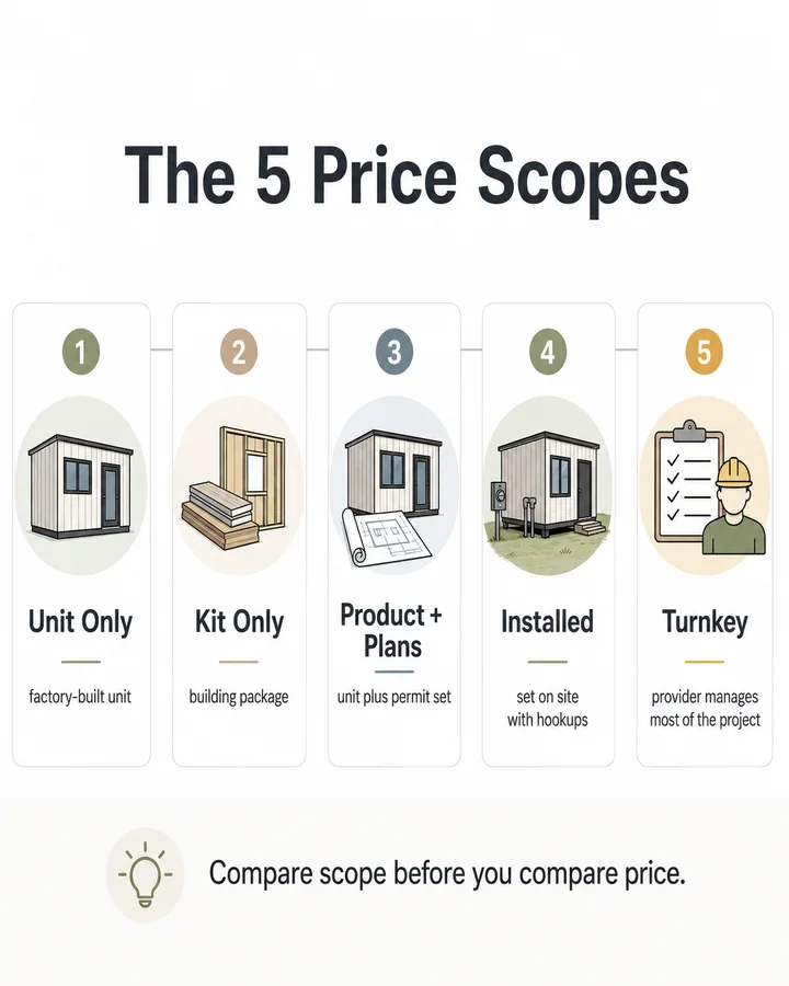 Five studio prefab ADU price scopes from unit-only to turnkey