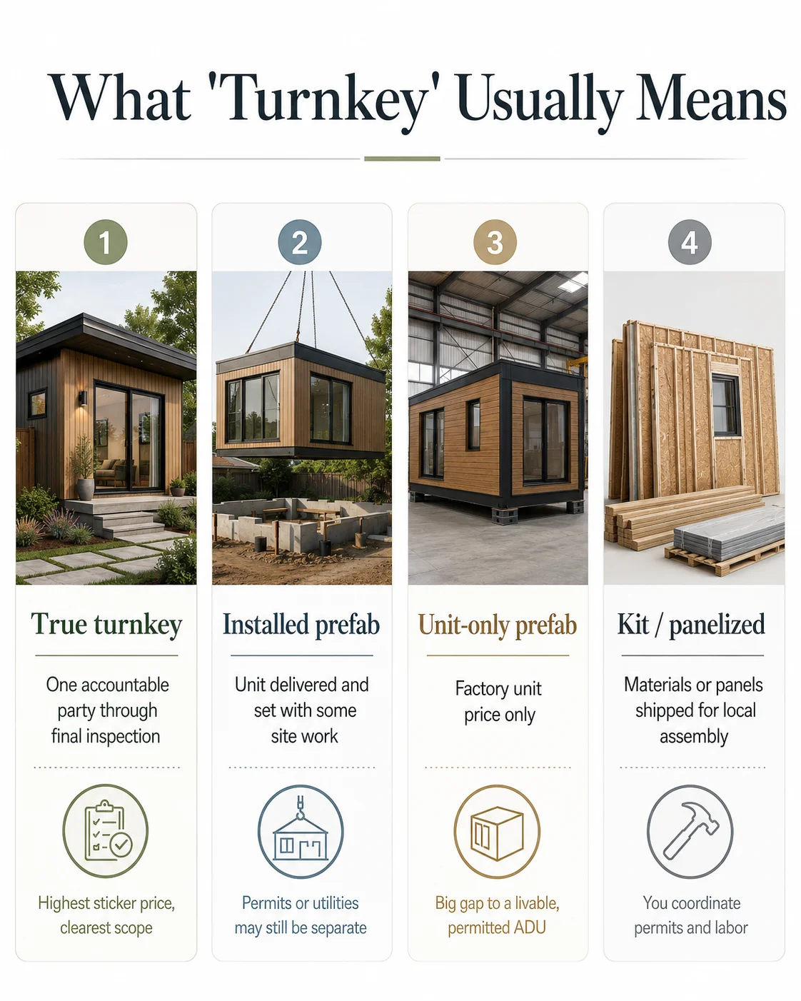 Three prefab ADU service models compared: unit-only kit, installed semi-turnkey, and true turnkey.