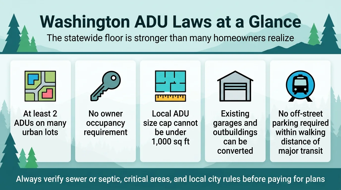 Washington ADU Laws at a Glance infographic — 5 key protections: at least 2 ADUs on many urban lots, no owner occupancy requirement, local ADU size cap cannot be under 1,000 sq ft, existing garages and outbuildings can be converted, no off-street parking required within walking distance of major transit