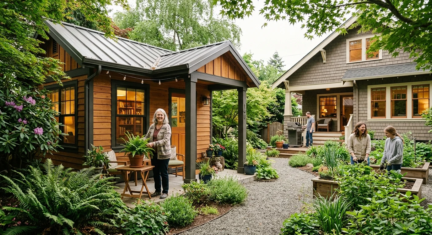 Washington ADU multigenerational living — grandmother with potted fern standing at cedar backyard cottage entrance with pergola and string lights, family members gardening in raised beds nearby, craftsman main house visible in background with lush Pacific Northwest garden