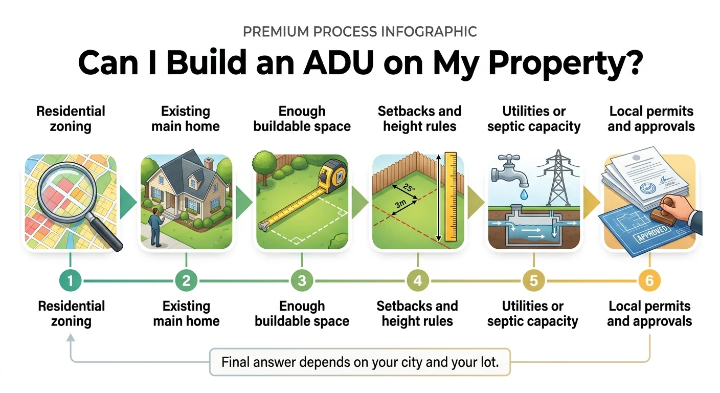 Infographic titled 'Can I Build an ADU on My Property?' showing 6 sequential steps: Step 1 Residential zoning (zoning map icon), Step 2 Existing main home (house icon), Step 3 Enough buildable space (measuring tape icon), Step 4 Setbacks and height rules (ruler with measurements), Step 5 Utilities or septic capacity (water and electrical icons), Step 6 Local permits and approvals (approved permit icon). Caption: Final answer depends on your city and your lot.