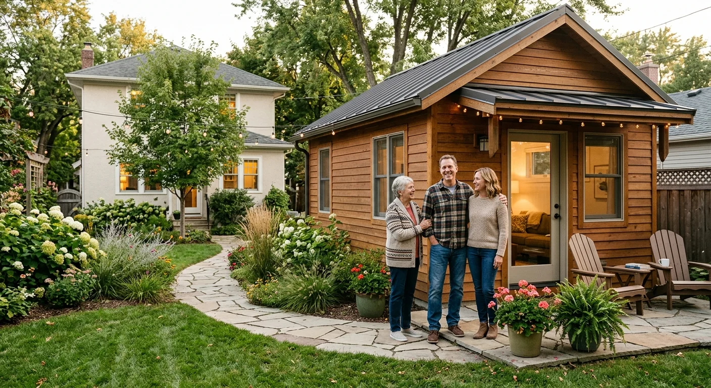 A multigenerational family of three — grandmother, adult son, and daughter-in-law — standing in front of a newly completed backyard ADU with cedar siding, warm interior lighting visible through glass door, surrounded by perennial garden landscaping