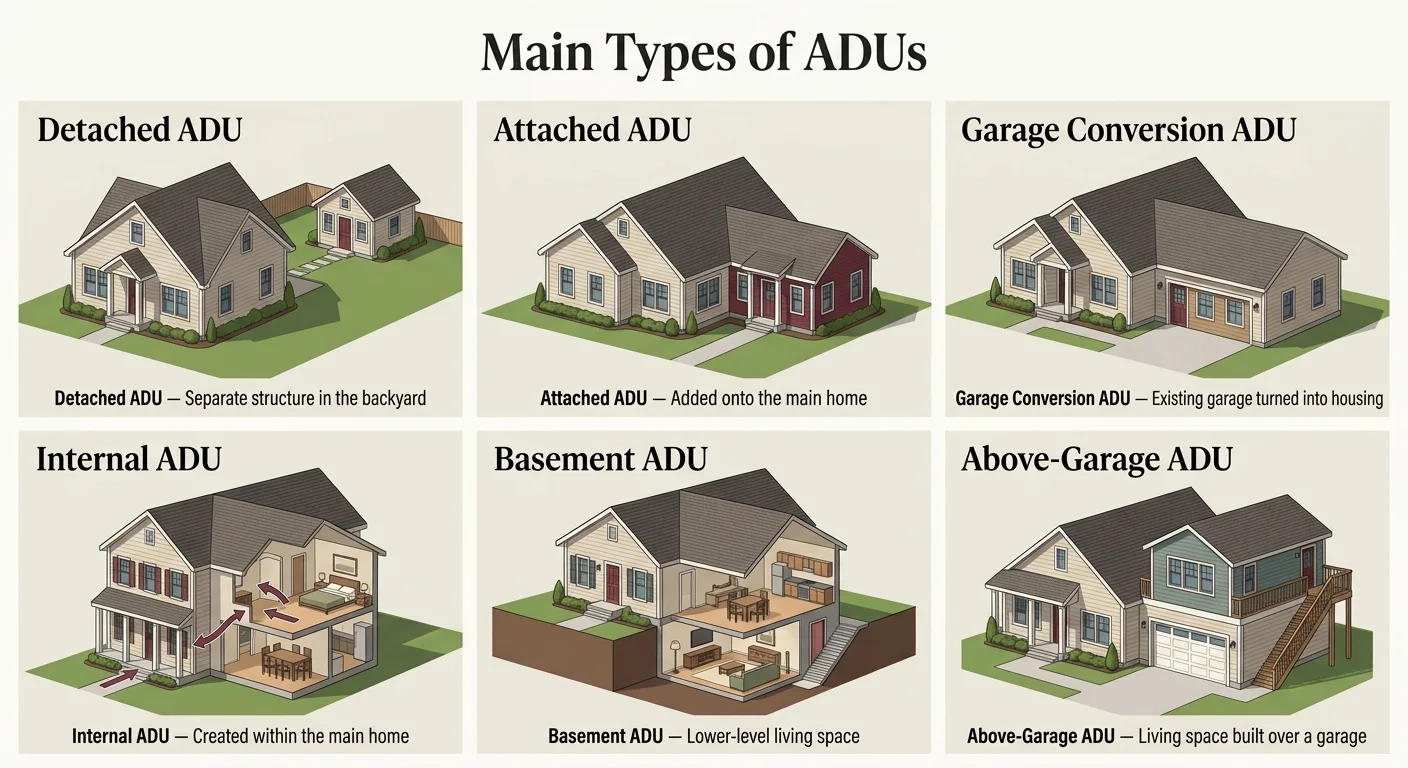 Illustrated infographic showing the six main types of ADUs: Detached ADU (separate structure in the backyard), Attached ADU (added onto the main home), Garage Conversion ADU (existing garage turned into housing), Internal ADU (created within the main home), Basement ADU (lower-level living space), and Above-Garage ADU (living space built over a garage). Each type shown in architectural illustration style.