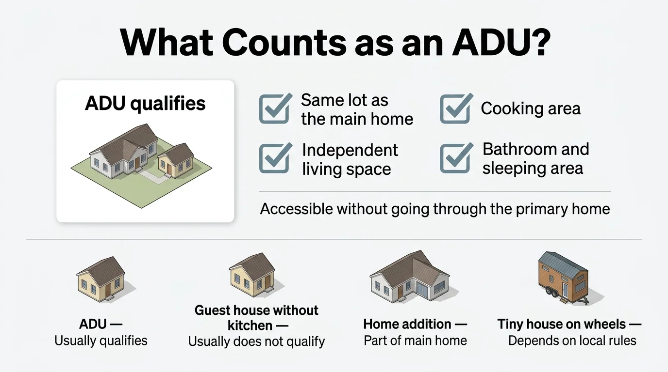 Infographic titled 'What Counts as an ADU?' showing that an ADU qualifies when it has: same lot as the main home, independent living space, cooking area, bathroom and sleeping area, and is accessible without going through the primary home. Below the graphic shows that a guest house without a kitchen usually does not qualify, a home addition is part of the main home, and a tiny house on wheels depends on local rules.