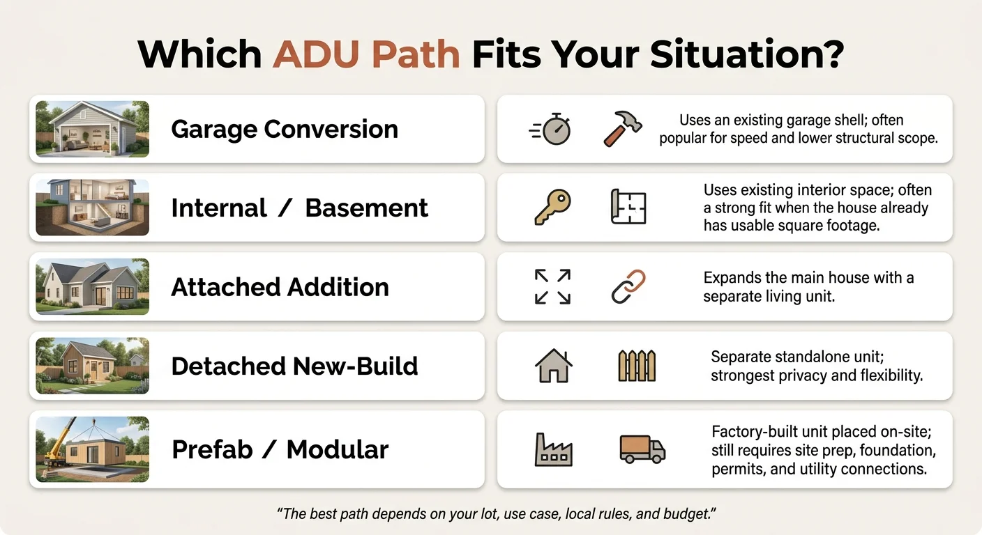 Which ADU path fits your situation — comparison infographic showing garage conversion, internal/basement, attached addition, detached new-build, and prefab/modular with key trade-offs for each