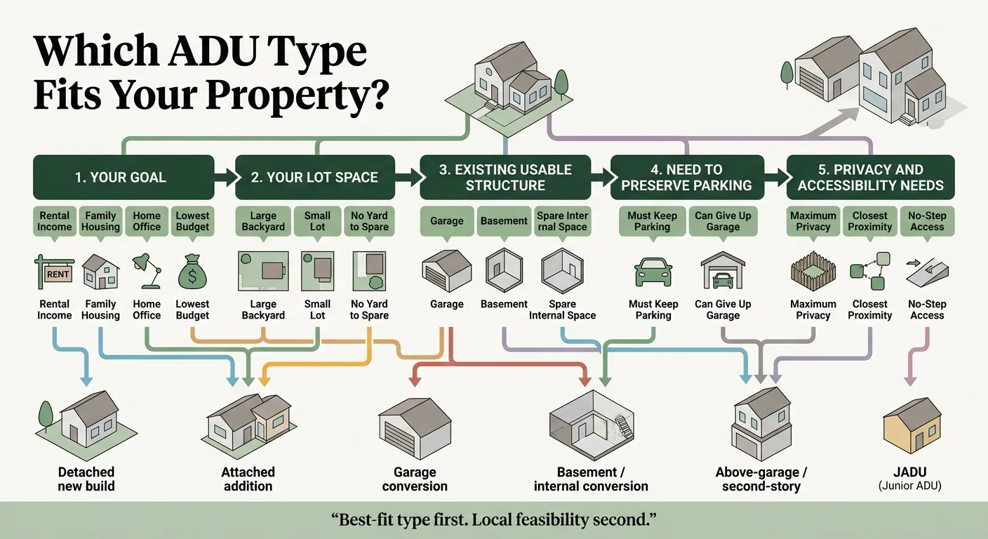 Which ADU Type Fits Your Property? — decision flowchart showing 5 filters: Your Goal, Your Lot Space, Existing Usable Structure, Need to Preserve Parking, and Privacy/Accessibility Needs, leading to the 6 ADU project paths including detached new build, attached addition, garage conversion, basement, above-garage, and JADU