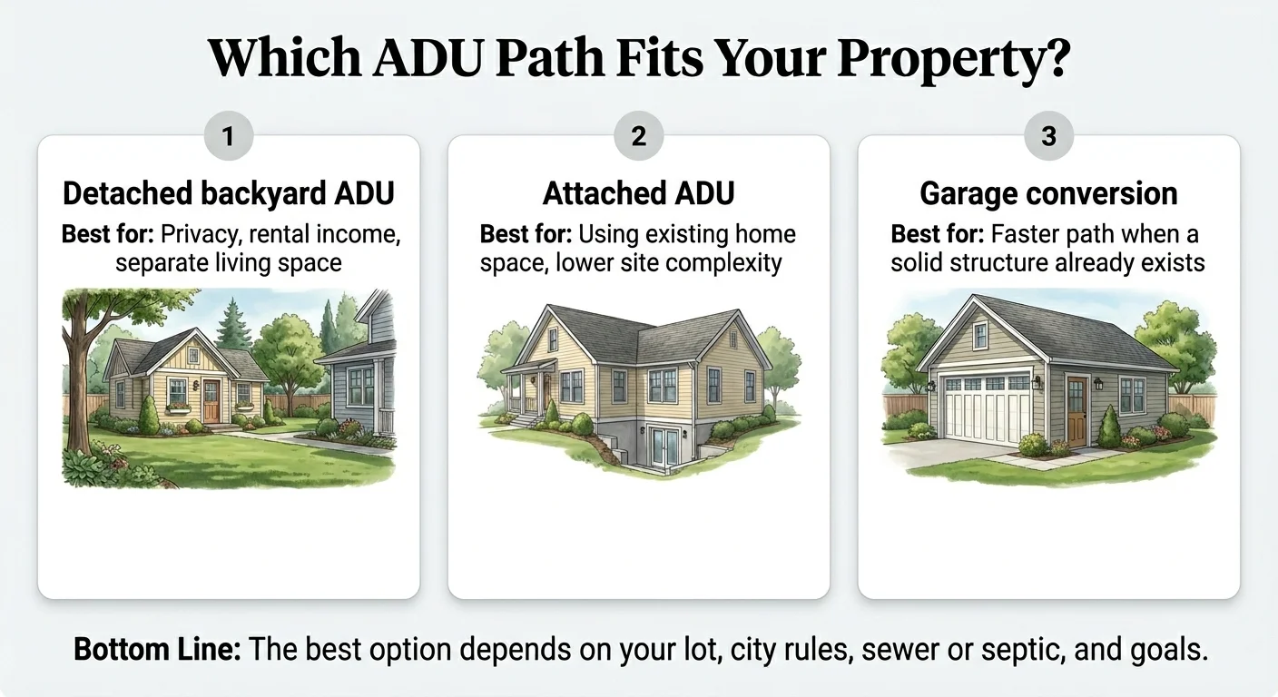 Which ADU Path Fits Your Washington Property? — 3 options: 1) Detached backyard ADU — best for privacy, rental income, separate living space; 2) Attached ADU — best for using existing home space, lower site complexity; 3) Garage conversion — best for faster path when a solid structure already exists. Bottom line: the best option depends on your lot, city rules, sewer or septic, and goals.